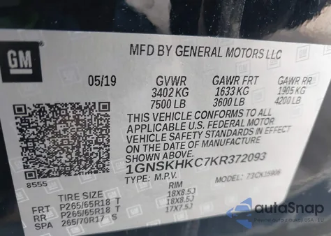 2019 Chevrolet Suburban Lt from USA, damaged, VIN 1GNSKHKC7KR372093